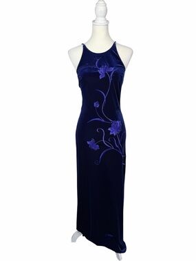Vintage Reggio Velvet Dress Blue Floral Embroidered Formal Evening Gown Size 6